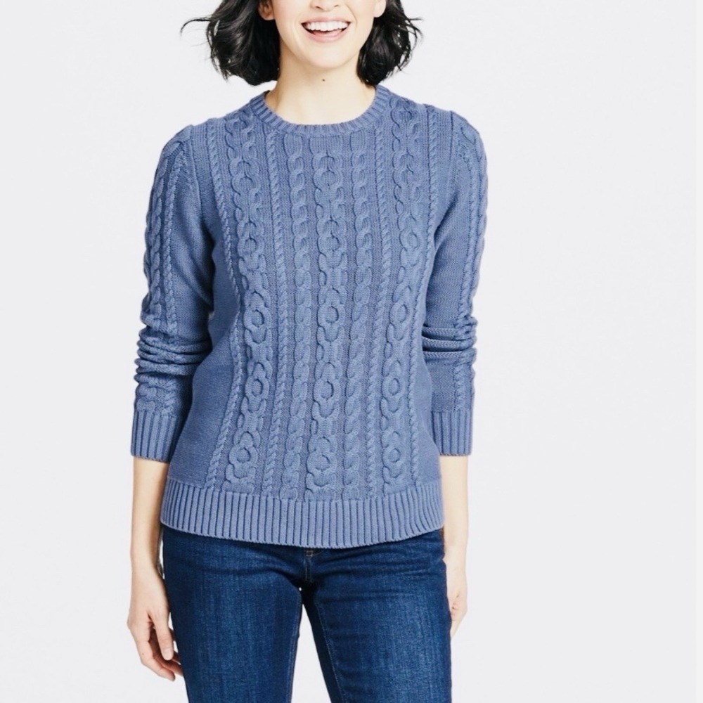 LL Bean Blue Double L Mixed Cable Crew Neck Pullover Sweater Size MEDIUM